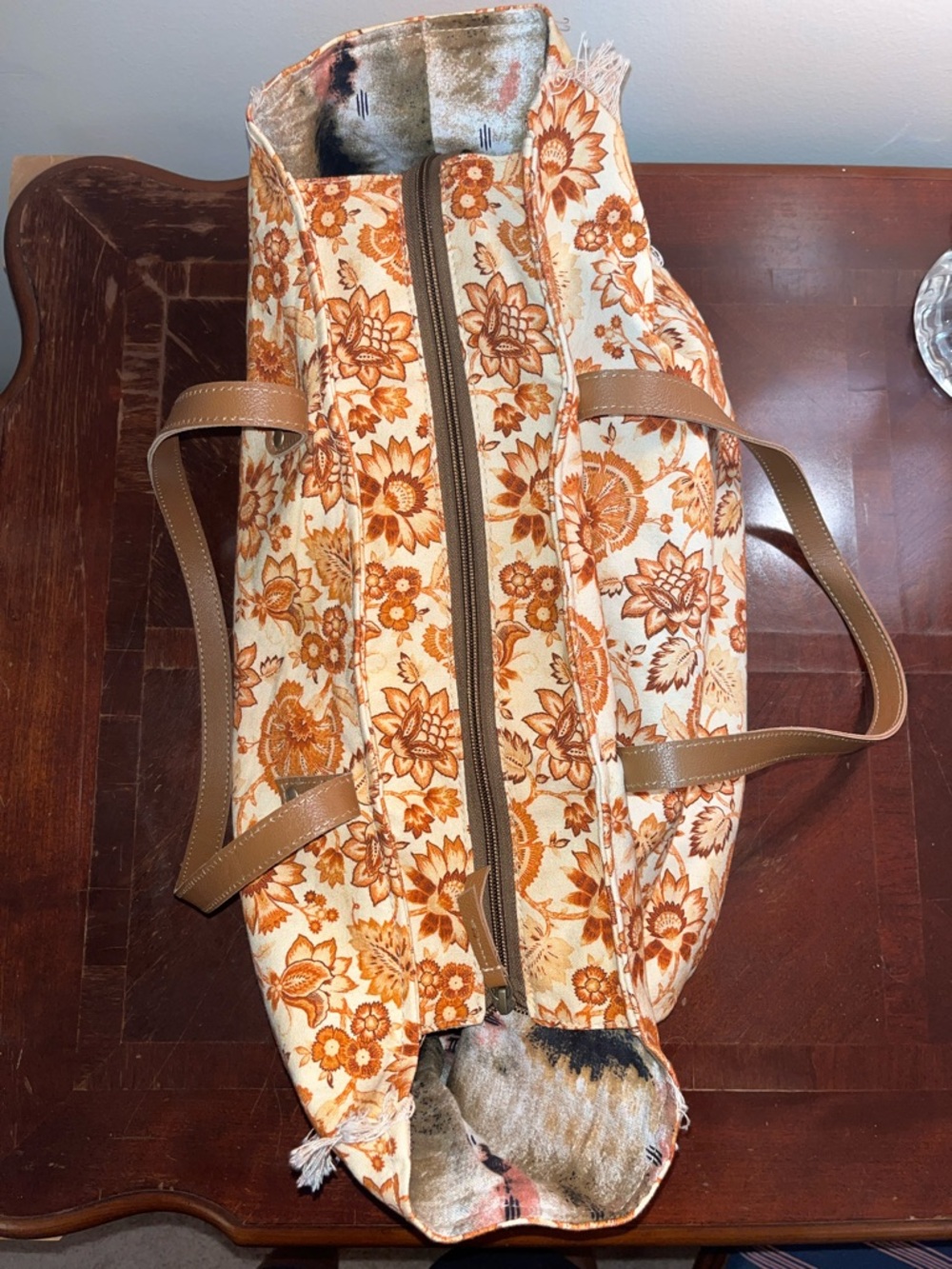 Myra Bag Floral Canvas Tote in Brown and Cream with fringe - Picture 6 of 10